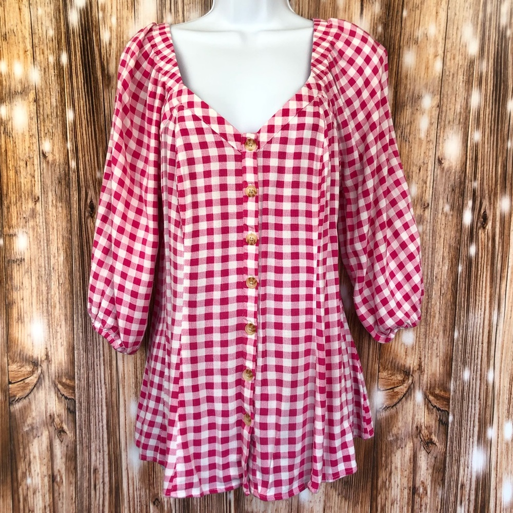 Torrid Fit & Flare Rayon Slub Button Up 3/4 Sleeve Pink Gingham Top - Picture 6 of 14